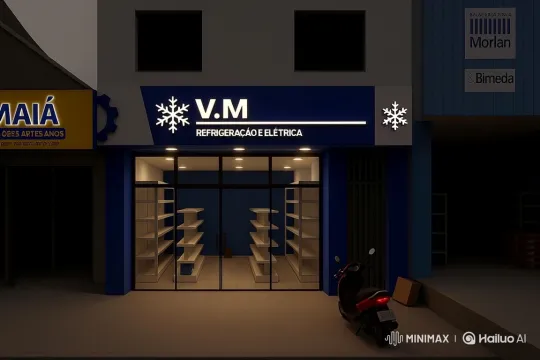 Night View of V.M Refrigeration and Electrical Store – AI Generated Video | Hailuo AI