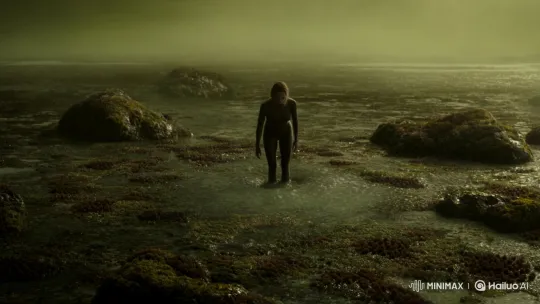 Ordovician Mudflat: A Frozen Figure Amidst Bubbling Ground – AI Generated Video | Hailuo AI