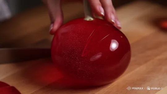 Girl's Hand Precisely Slices Glass Cherry Sculpture – AI Generated Video | Hailuo AI