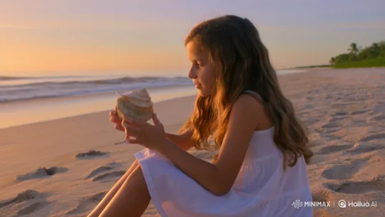 Young Girl Listens to Ocean Through Conch Shell – AI Generated Video | Hailuo AI