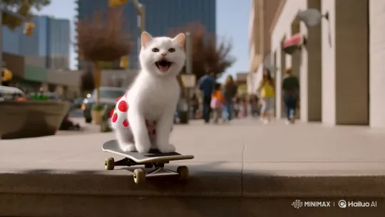 White Kitten Skates Down Stairs, Knocks Over Pedestrian – AI Generated Video | Hailuo AI