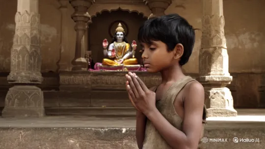 Young Boy Prays for Healing in Ancient Village Temple – AI Generated Video | Hailuo AI