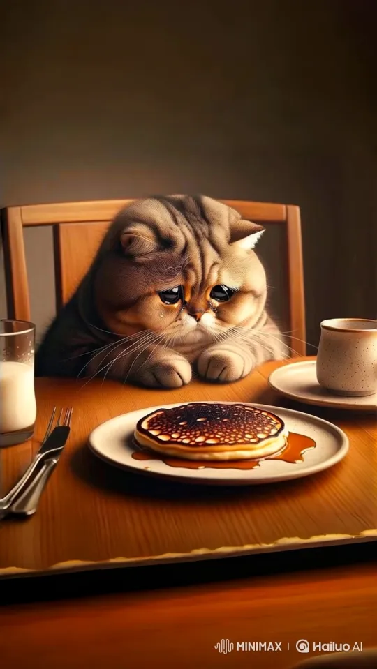 Sad Tabby Cat Contemplates Syrupy Pancake at Lonely Breakfast – AI Generated Video | Hailuo AI