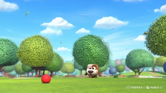 Cartoon Dog Joyfully Chases Ball in Animated Park – AI Generated Video | Hailuo AI