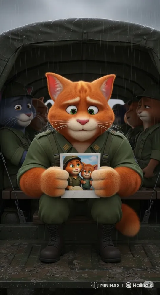 Sad Cat Soldier Remembers Family in Rain – AI Generated Video | Hailuo AI