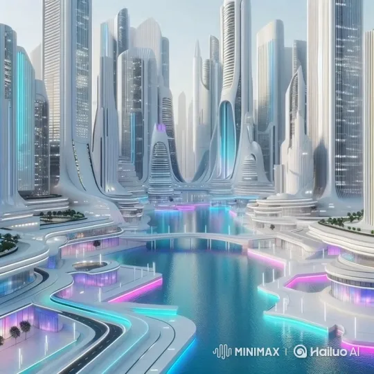 Futuristic Metropolis: A Tranquil, Neon-Lit Canal Scene – AI Generated Video | Hailuo AI
