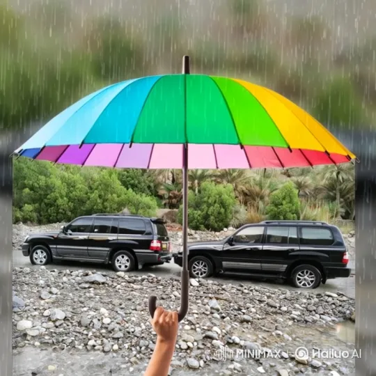 Umbrella Protects SUVs in Rainy Riverbed Journey – AI Generated Video | Hailuo AI