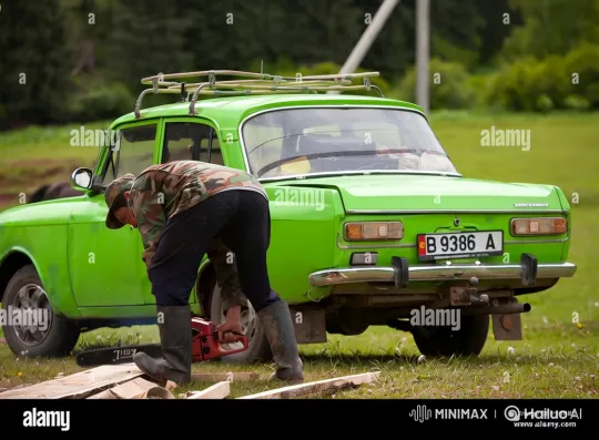 Man Cuts Wood, Drives Vintage Car in Rural Landscape – AI Generated Video | Hailuo AI