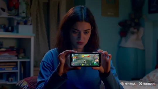 Young Woman Focused on Playing 'Free Fire' in Dim Room – AI Generated Video | Hailuo AI