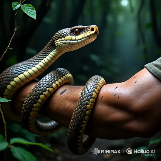 Snake Coiled on Arm in Dense Jungle Setting – AI Generated Video | Hailuo AI