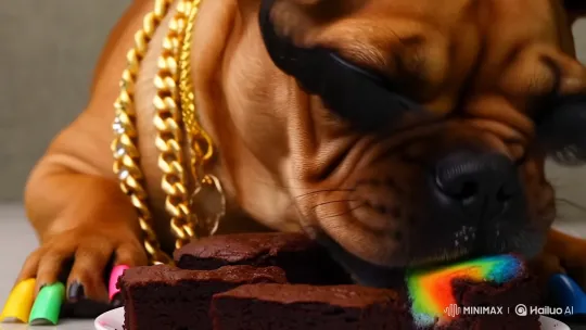 Pampered Dog with Jewelry Tries ASMR Rainbow Brownie – AI Generated Video | Hailuo AI