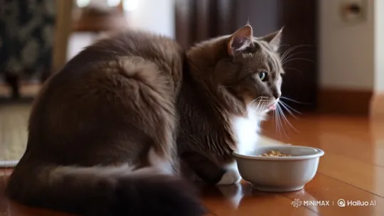 Contented Cat Eating from a Bowl Indoors – AI Generated Video | Hailuo AI