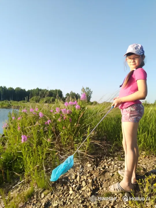 Young Girl Catches Large Pike on Shoreline – AI Generated Video | Hailuo AI