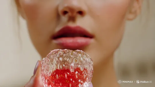 Woman Bites into Glass-like Strawberry in Realistic Clip – AI Generated Video | Hailuo AI