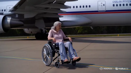 Elderly Woman in Wheelchair Navigates Airport Tarmac – AI Generated Video | Hailuo AI
