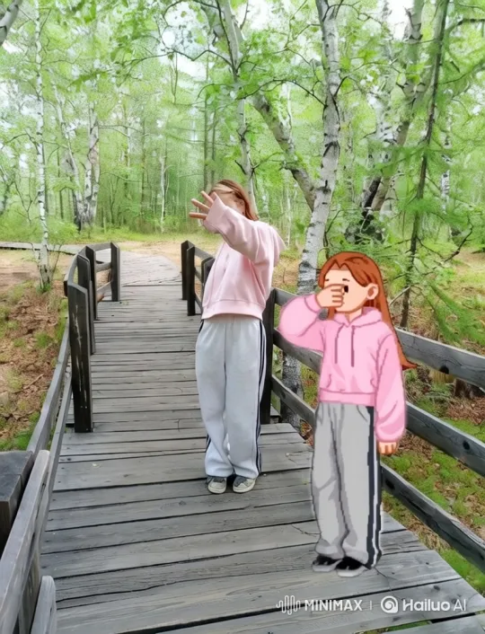 Pixelated Person and Real Counterpart on a Forest Bridge – AI Generated Video | Hailuo AI