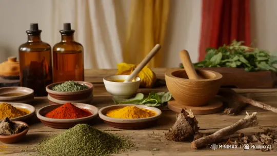 Display of Ayurvedic Remedies on Rustic Table – AI Generated Video | Hailuo AI