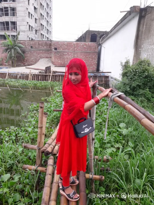 Young Girl Smiles on Bamboo Bridge with Green Hyacinths – AI Generated Video | Hailuo AI