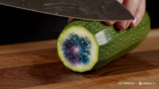 Cutting a Glittering Crystal Zucchini with Galactic Filling – AI Generated Video | Hailuo AI