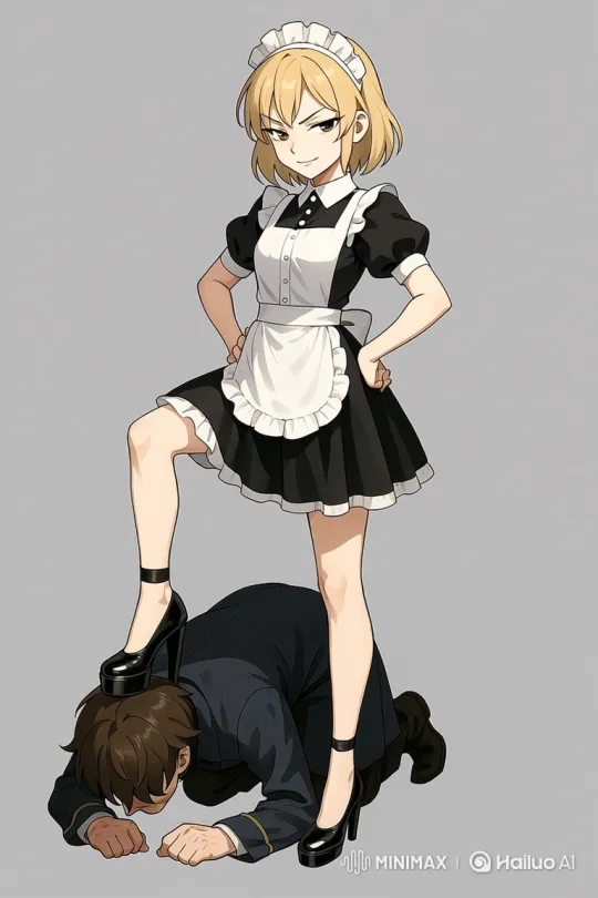 Anime-style maid asserts dominance over kneeling man – AI Generated Video | Hailuo AI