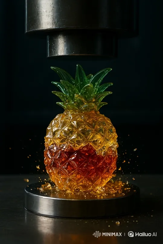 Shattering Glass Pineapple Under Hydraulic Press – AI Generated Video | Hailuo AI