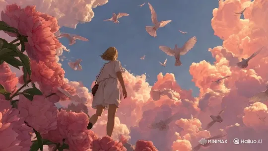 Young Woman Walks Through Dreamy Cloudscape – AI Generated Video | Hailuo AI