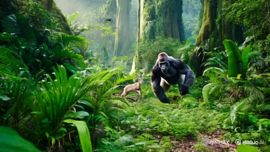 Silverback Gorilla Pursues Deer in Lush Rainforest Chase – AI Generated Video | Hailuo AI