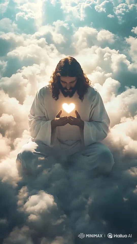 Meditating Figure Amidst Clouds with Glowing Heart – AI Generated Video | Hailuo AI
