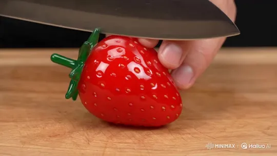 Knife Slicing Gem-Filled Glass Strawberry – AI Generated Video | Hailuo AI