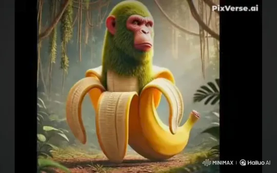 Monkey-Banana Creature Levitates and Explodes into Cheese Sauce – AI Generated Video | Hailuo AI