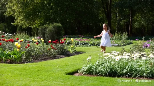 Joyful Girl Running Through Colorful Garden – AI Generated Video | Hailuo AI