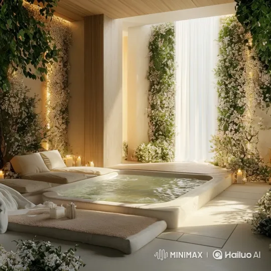 Luxurious Spa Room with Serene Hot Tub and Gentle Breeze – AI Generated Video | Hailuo AI