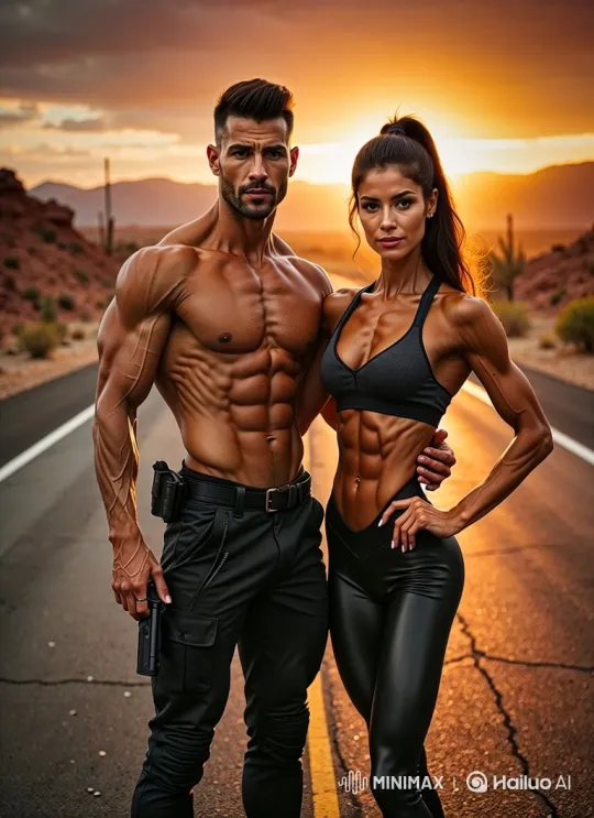 Couple Poses in Desert at Sunset with Guns – AI Generated Video | Hailuo AI