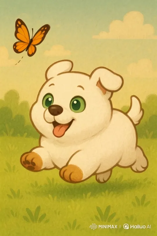 Puppy Chasing Butterfly in Animated Pastoral Scene – AI Generated Video | Hailuo AI