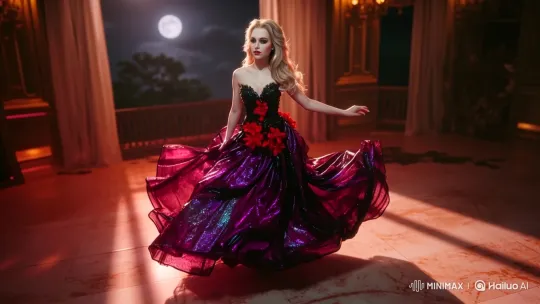 Stunning Dancer Twirls in Iridescent Gown in Moonlit Ballroom – AI Generated Video | Hailuo AI