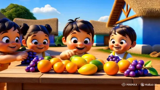 Joyful Children Around a Fruit-Laden Table in a Sunlit Village – AI Generated Video | Hailuo AI