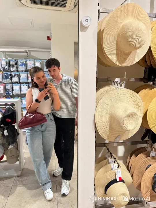 Young Couple and Child Embrace in Store Mirror Selfie – AI Generated Video | Hailuo AI