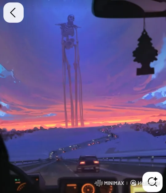 Highway Drive Under Enormous Still Skeleton at Sunset – AI Generated Video | Hailuo AI