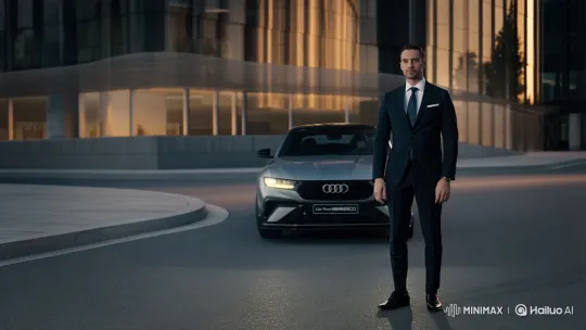 Confident Man Boards MINIMAXROO Car on Modern Street – AI Generated Video | Hailuo AI