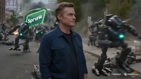 Cool Protagonist Stands Firm Against Robot Attack Amidst Chaos – AI Generated Video | Hailuo AI