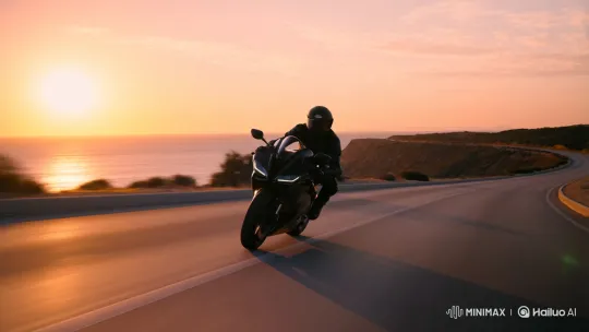 High-Performance Motorcycle on Coastal Road at Sunset – AI Generated Video | Hailuo AI
