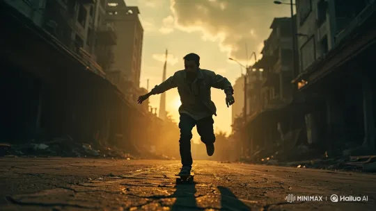 Skateboarder Fleeing Through Ruined City Amidst Rising Zombie Horde – AI Generated Video | Hailuo AI