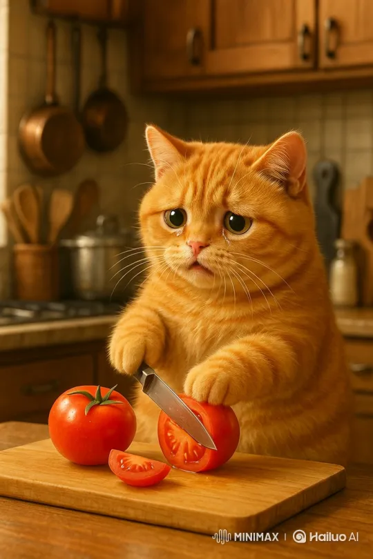 Sad Cat Slices Tomato in Cozy Kitchen – AI Generated Video | Hailuo AI