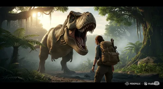 Prehistoric Jungle Standoff: Explorer Fights T-Rex – AI Generated Video | Hailuo AI