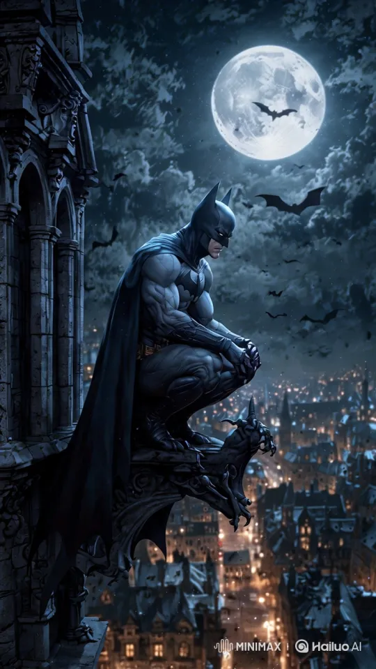 Batman on Gargoyle: Silent Guardian Over Gotham – AI Generated Video | Hailuo AI