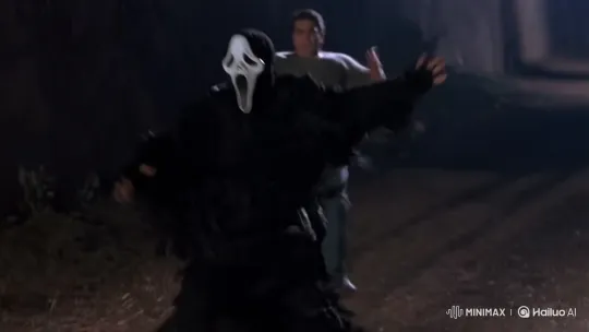Ghostface Chases and Attacks Man in Dimly Lit Scene – AI Generated Video | Hailuo AI