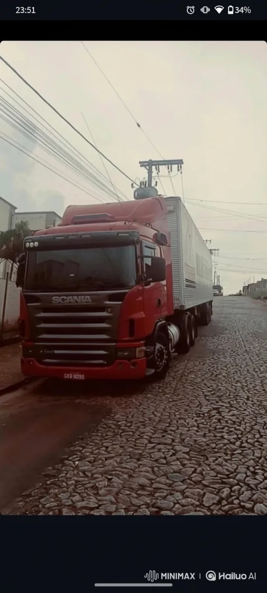 Red Scania Truck Lowers on Cobblestone Street – AI Generated Video | Hailuo AI