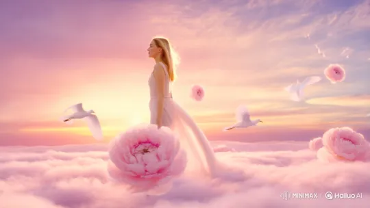 Confident Woman in a Dreamy, Pastel Cloudscape – AI Generated Video | Hailuo AI