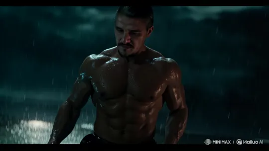 Muscular Man Leaps into Stormy Waters, Encounters Shark – AI Generated Video | Hailuo AI