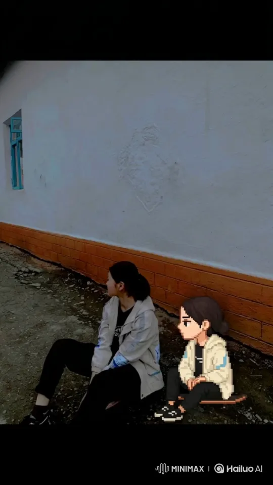 Young Woman and Pixel Art Self in 180-Degree Orbit – AI Generated Video | Hailuo AI